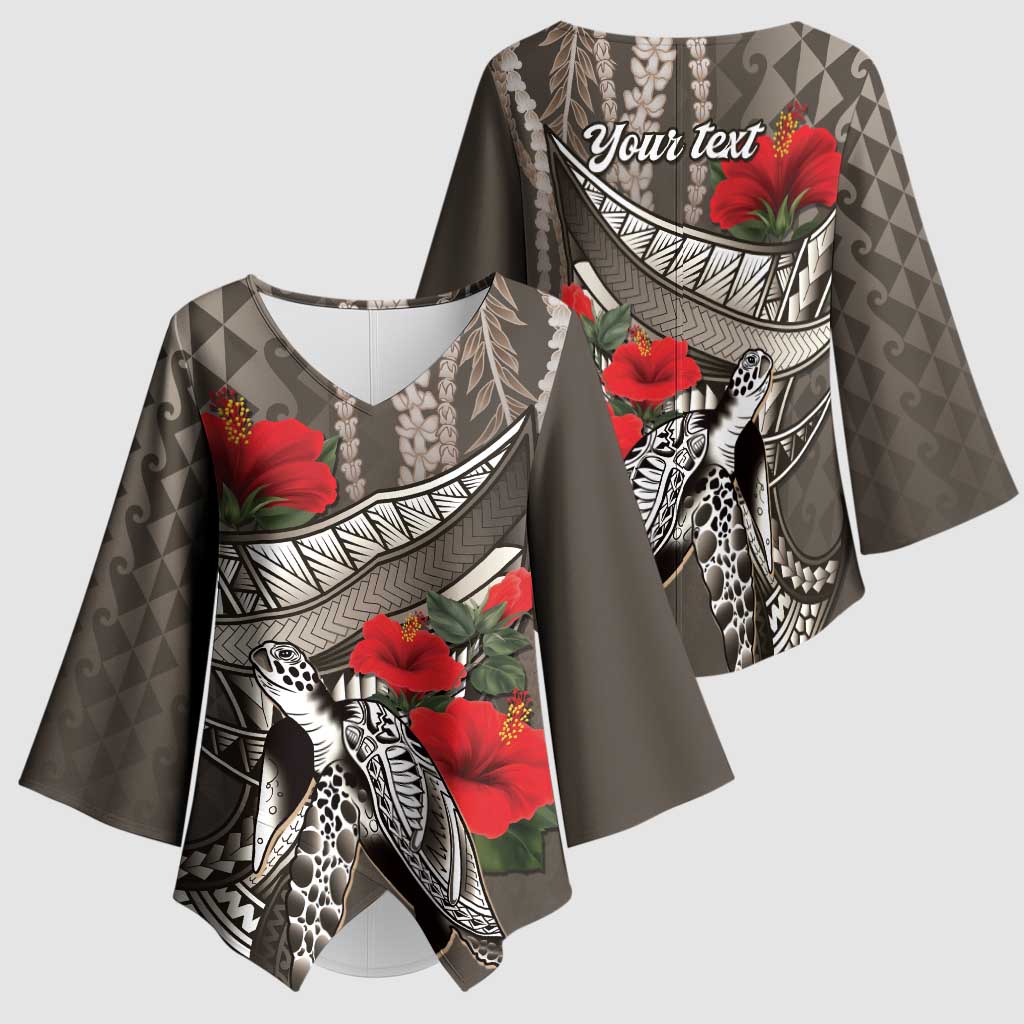 Hawaiian Honu Personalized Kimono Sleeve Blouse Mocha Mousse Hibiscus Tribal Hook Pattern LT9 - Polynesian Pride