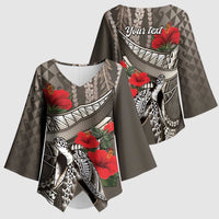 Hawaiian Honu Personalized Kimono Sleeve Blouse Mocha Mousse Hibiscus Tribal Hook Pattern LT9 - Polynesian Pride