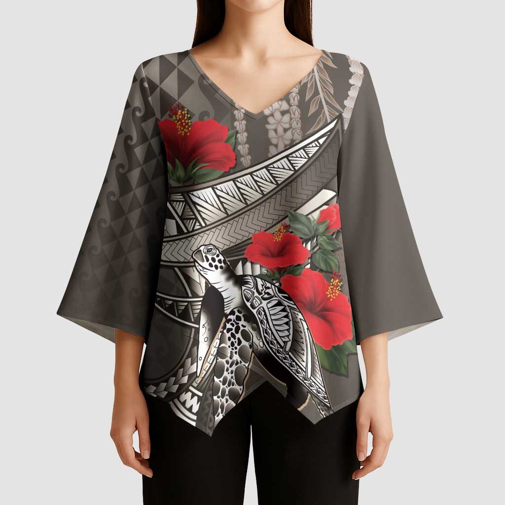 Hawaiian Honu Personalized Kimono Sleeve Blouse Mocha Mousse Hibiscus Tribal Hook Pattern LT9 - Polynesian Pride