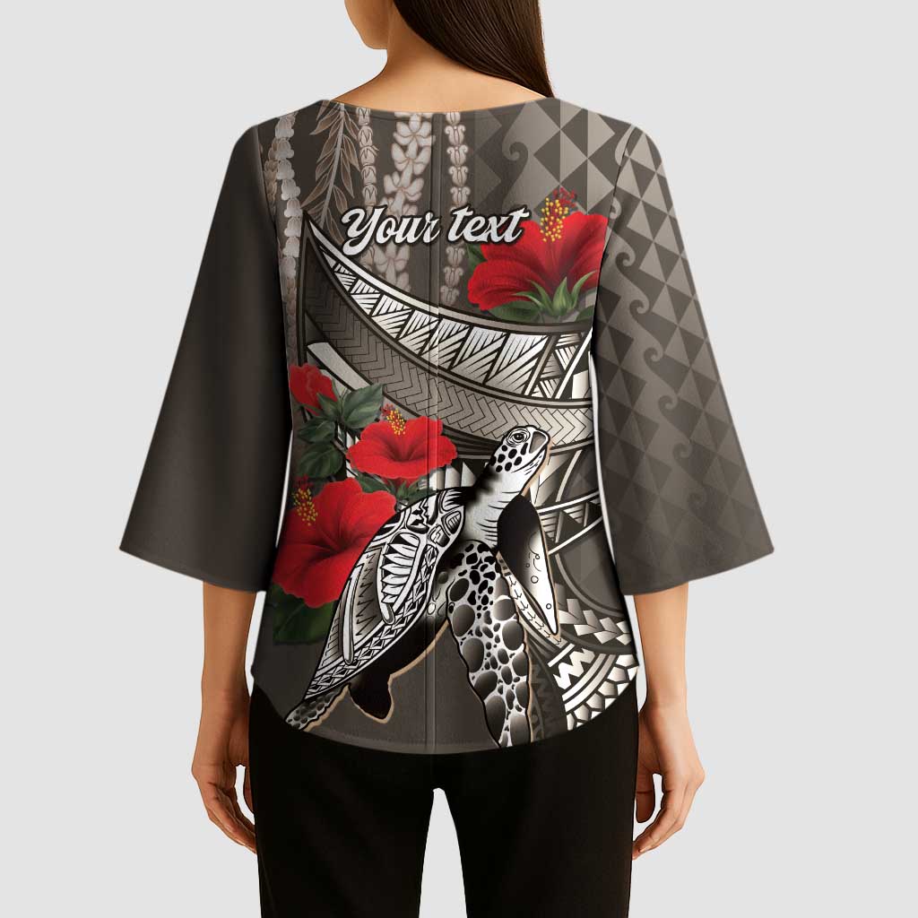 Hawaiian Honu Personalized Kimono Sleeve Blouse Mocha Mousse Hibiscus Tribal Hook Pattern LT9 - Polynesian Pride