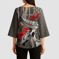 Hawaiian Honu Personalized Kimono Sleeve Blouse Mocha Mousse Hibiscus Tribal Hook Pattern LT9 - Polynesian Pride