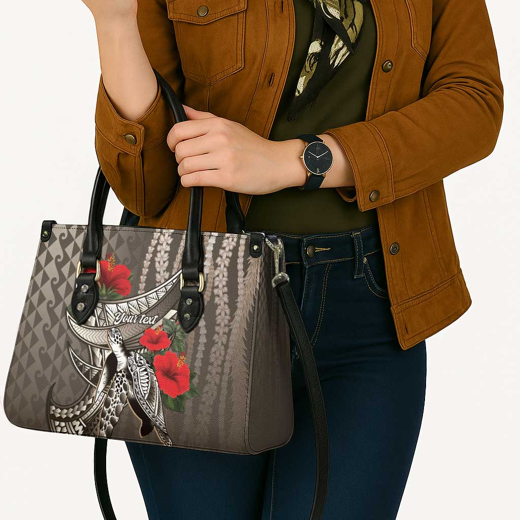 Hawaiian Honu Personalized Leather Bag Mocha Mousse Hibiscus Tribal Hook Pattern LT9 - Polynesian Pride