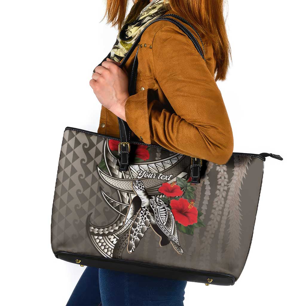 Hawaiian Honu Personalized Leather Tote Bag Mocha Mousse Hibiscus Tribal Hook Pattern LT9 Mocha - Polynesian Pride