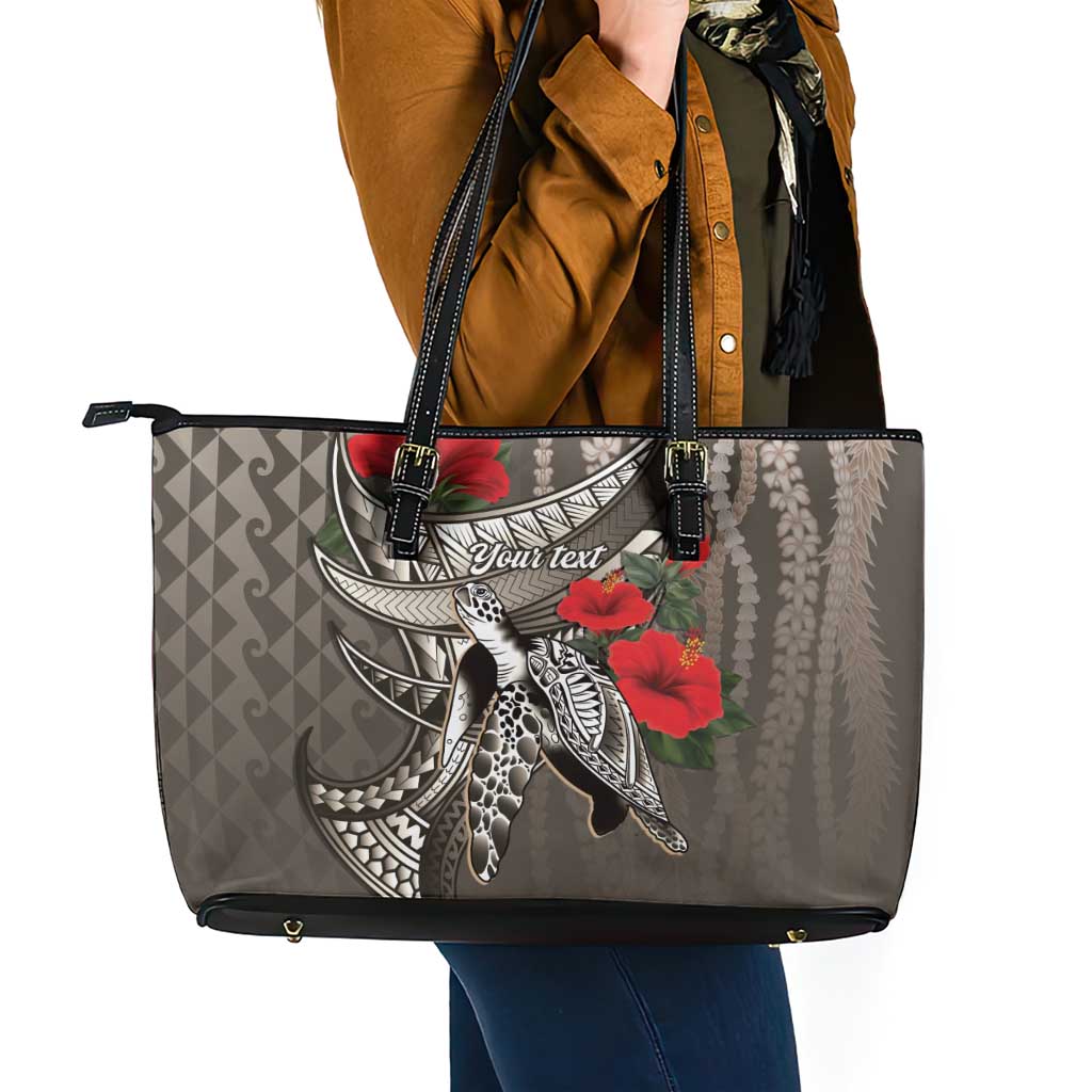 Hawaiian Honu Personalized Leather Tote Bag Mocha Mousse Hibiscus Tribal Hook Pattern LT9 - Polynesian Pride