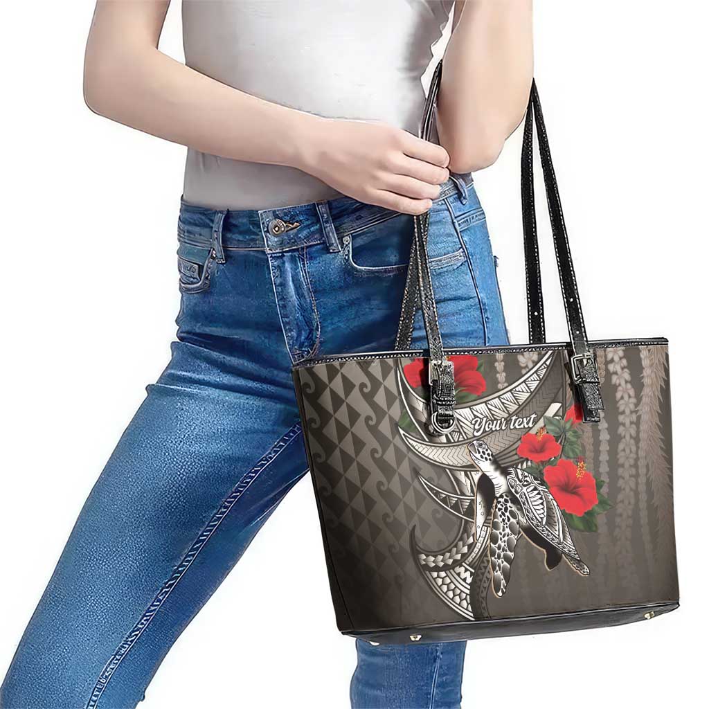 Hawaiian Honu Personalized Leather Tote Bag Mocha Mousse Hibiscus Tribal Hook Pattern LT9 - Polynesian Pride