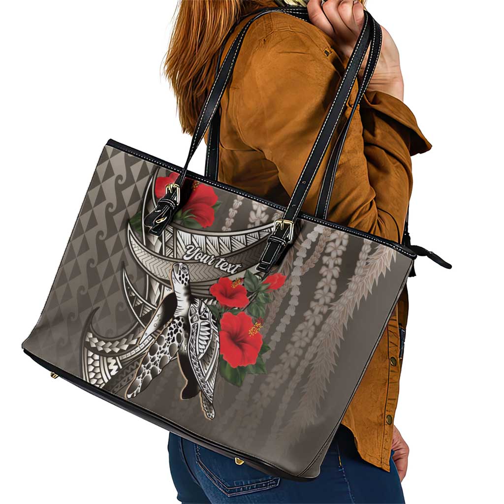 Hawaiian Honu Personalized Leather Tote Bag Mocha Mousse Hibiscus Tribal Hook Pattern LT9 - Polynesian Pride