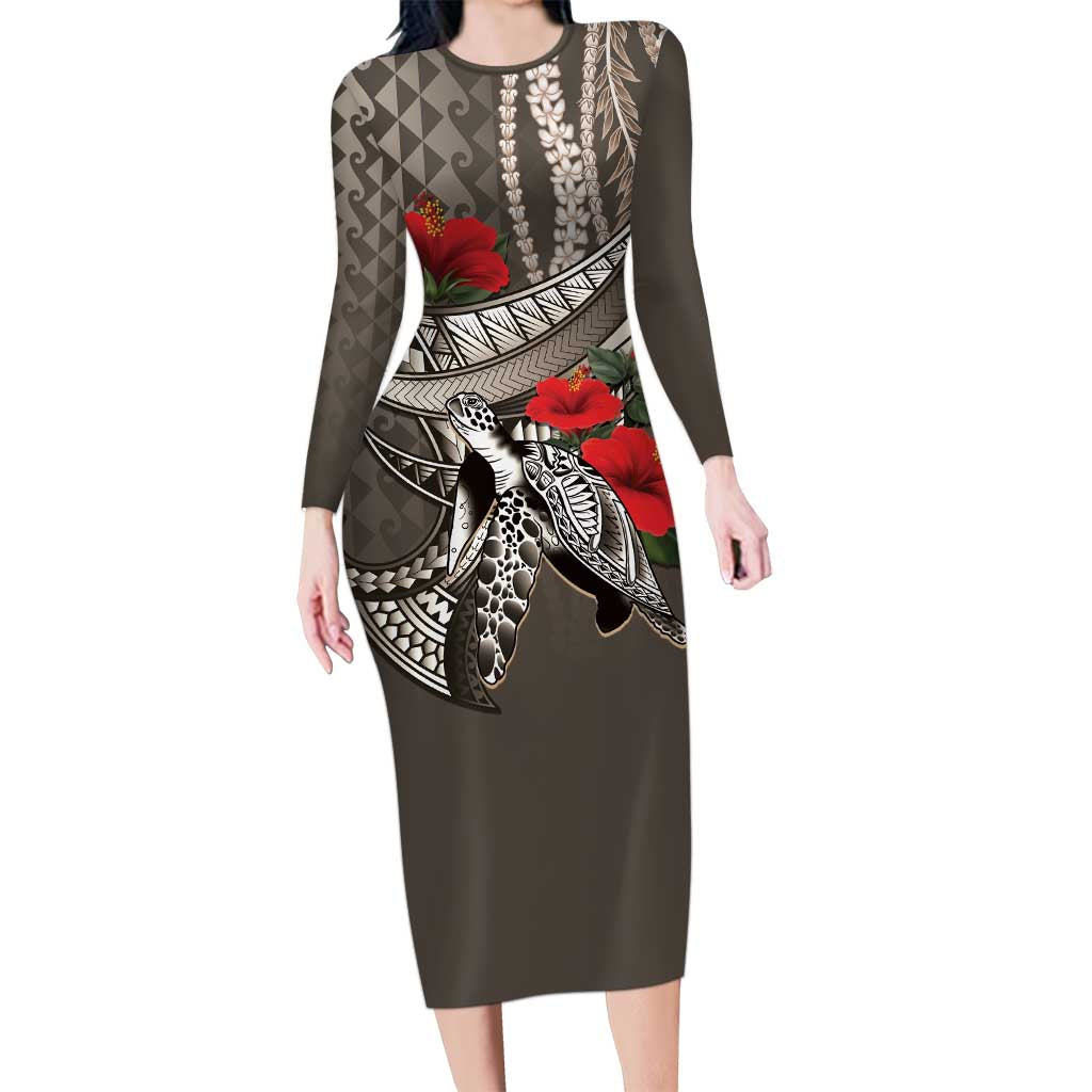 Hawaiian Honu Personalized Long Sleeve Bodycon Dress Mocha Mousse Hibiscus Tribal Hook Pattern LT9 Long Dress Mocha - Polynesian Pride