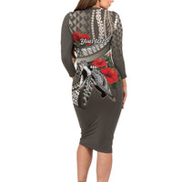 Hawaiian Honu Personalized Long Sleeve Bodycon Dress Mocha Mousse Hibiscus Tribal Hook Pattern LT9 - Polynesian Pride