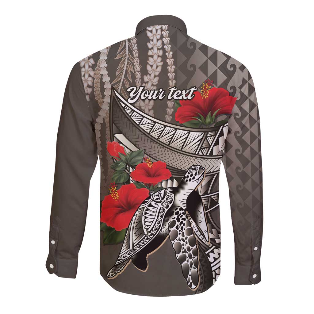 Hawaiian Honu Personalized Long Sleeve Button Shirt Mocha Mousse Hibiscus Tribal Hook Pattern LT9 - Polynesian Pride