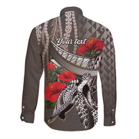 Hawaiian Honu Personalized Long Sleeve Button Shirt Mocha Mousse Hibiscus Tribal Hook Pattern LT9 - Polynesian Pride
