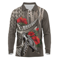 Hawaiian Honu Personalized Long Sleeve Polo Shirt Mocha Mousse Hibiscus Tribal Hook Pattern LT9 Mocha - Polynesian Pride