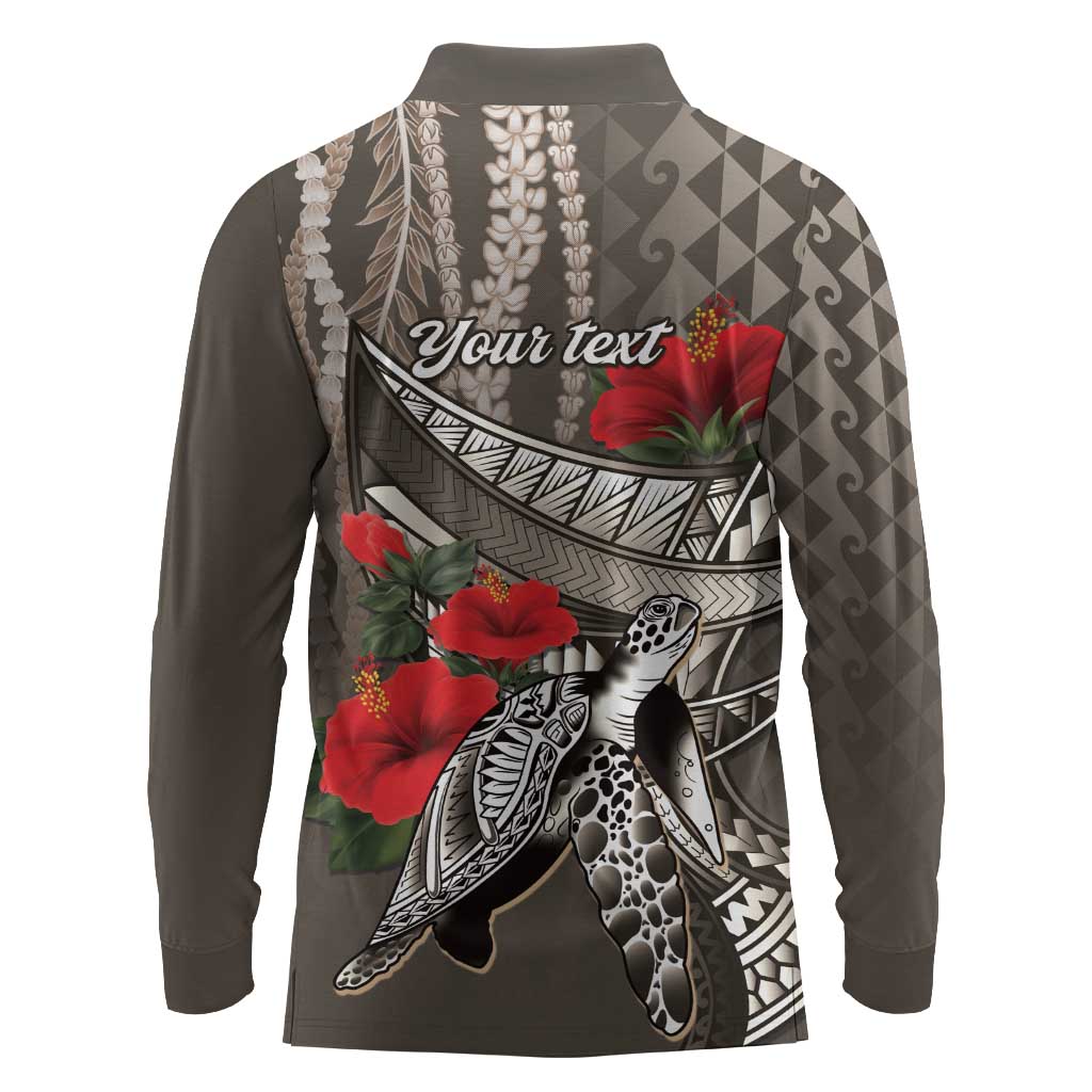 Hawaiian Honu Personalized Long Sleeve Polo Shirt Mocha Mousse Hibiscus Tribal Hook Pattern LT9 - Polynesian Pride