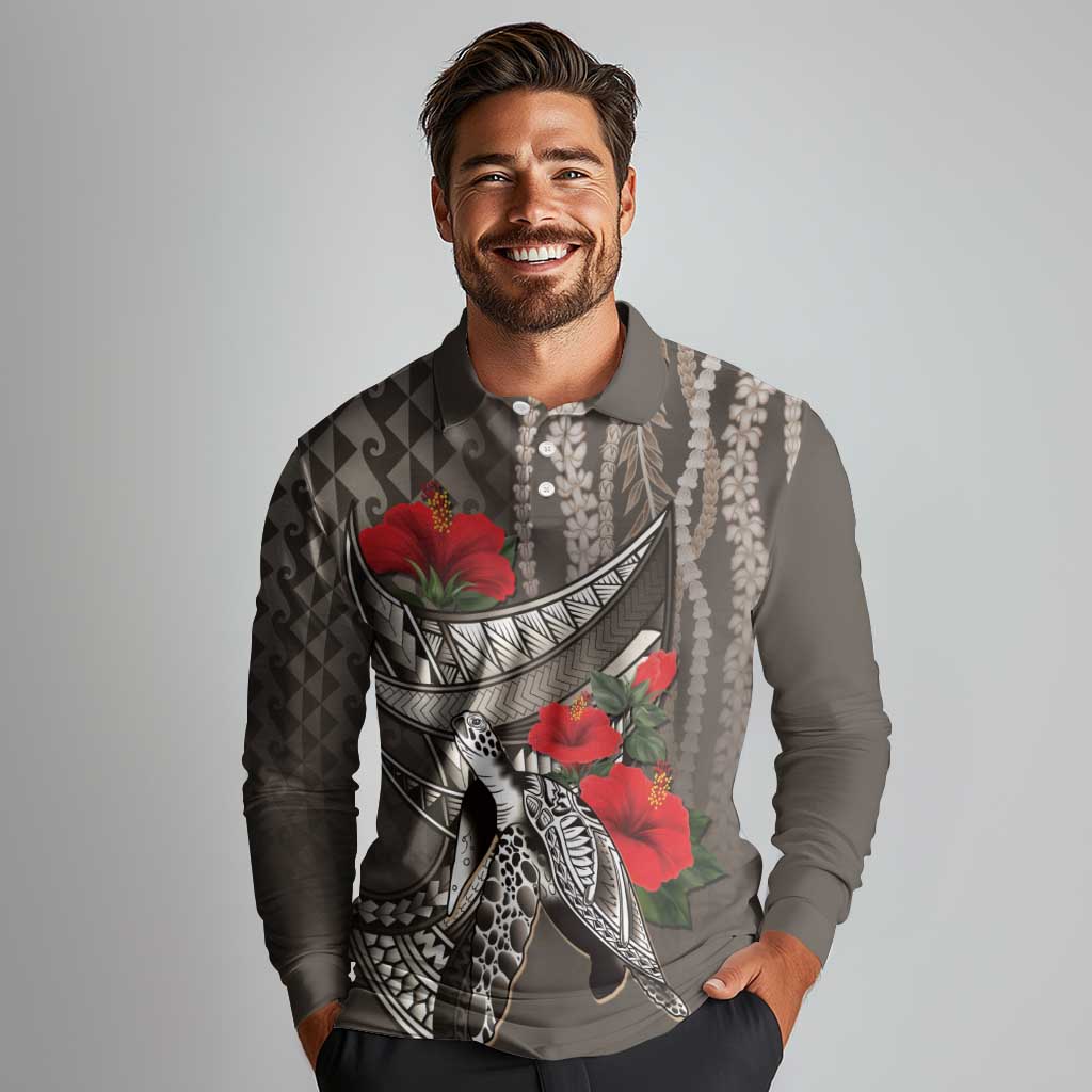 Hawaiian Honu Personalized Long Sleeve Polo Shirt Mocha Mousse Hibiscus Tribal Hook Pattern LT9 - Polynesian Pride