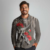 Hawaiian Honu Personalized Long Sleeve Polo Shirt Mocha Mousse Hibiscus Tribal Hook Pattern LT9 - Polynesian Pride