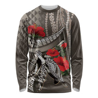 Hawaiian Honu Personalized Long Sleeve Shirt Mocha Mousse Hibiscus Tribal Hook Pattern LT9 Unisex Mocha - Polynesian Pride