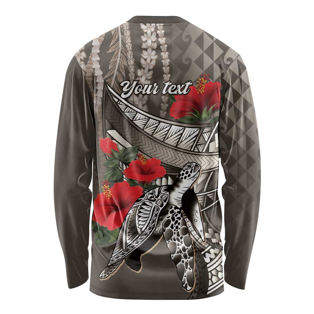 Hawaiian Honu Personalized Long Sleeve Shirt Mocha Mousse Hibiscus Tribal Hook Pattern LT9 - Polynesian Pride