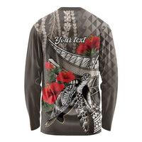 Hawaiian Honu Personalized Long Sleeve Shirt Mocha Mousse Hibiscus Tribal Hook Pattern LT9 - Polynesian Pride