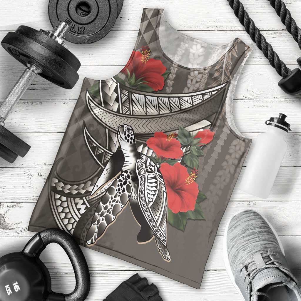 Hawaiian Honu Personalized Men Tank Top Mocha Mousse Hibiscus Tribal Hook Pattern LT9 - Polynesian Pride
