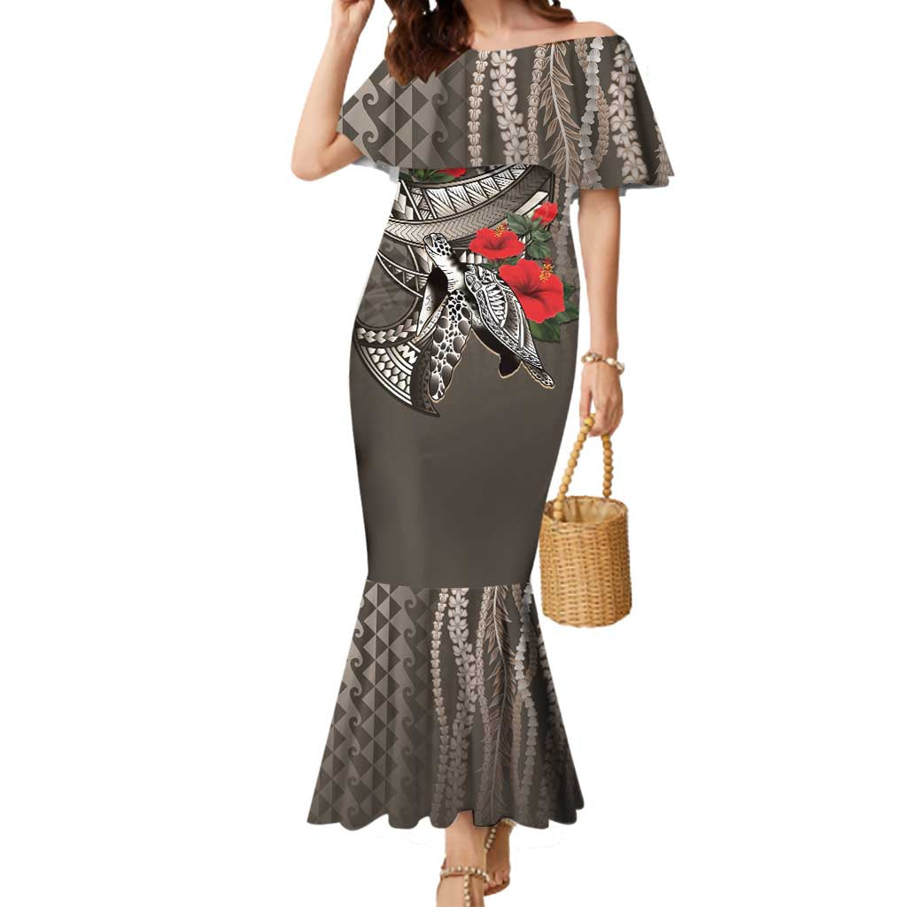 Hawaiian Honu Personalized Mermaid Dress Mocha Mousse Hibiscus Tribal Hook Pattern