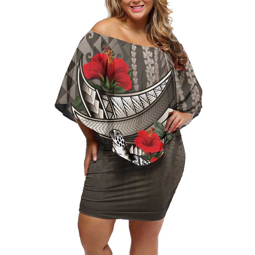 Hawaiian Honu Personalized Off Shoulder Short Dress Mocha Mousse Hibiscus Tribal Hook Pattern
