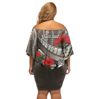 Hawaiian Honu Personalized Off Shoulder Short Dress Mocha Mousse Hibiscus Tribal Hook Pattern LT9 - Polynesian Pride