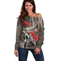 Hawaiian Honu Personalized Off Shoulder Sweater Mocha Mousse Hibiscus Tribal Hook Pattern LT9 Women Mocha - Polynesian Pride