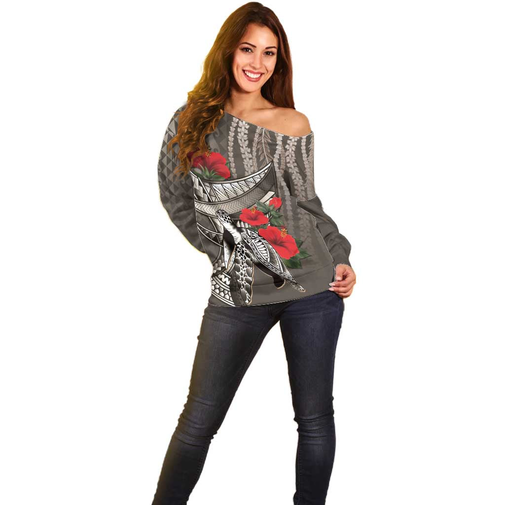 Hawaiian Honu Personalized Off Shoulder Sweater Mocha Mousse Hibiscus Tribal Hook Pattern LT9 - Polynesian Pride
