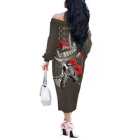 Hawaiian Honu Personalized Off The Shoulder Long Sleeve Dress Mocha Mousse Hibiscus Tribal Hook Pattern LT9 - Polynesian Pride