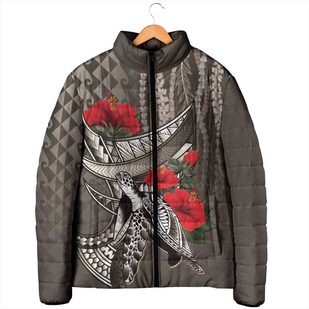 Hawaiian Honu Personalized Padded Jacket Mocha Mousse Hibiscus Tribal Hook Pattern LT9 - Polynesian Pride