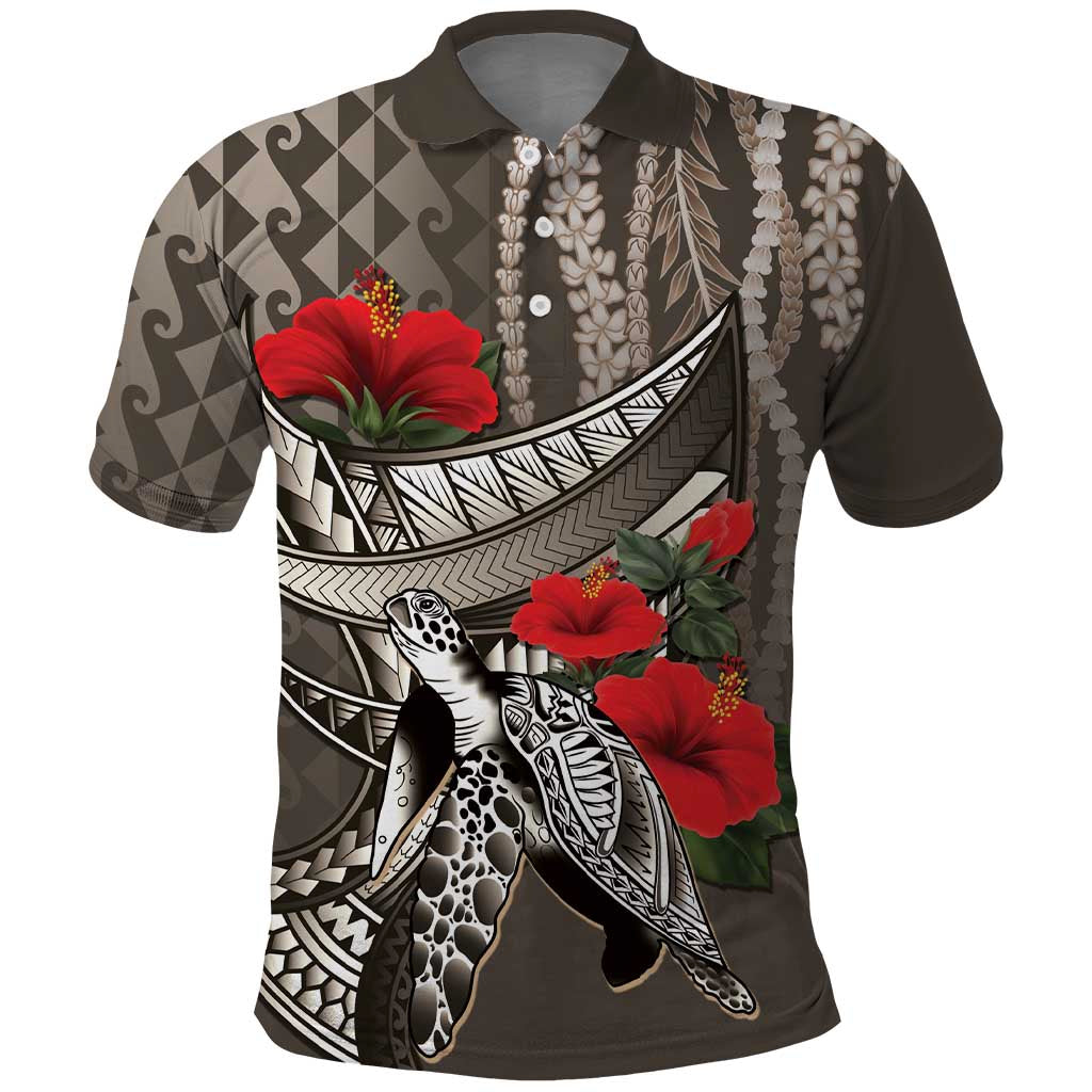 Hawaiian Honu Personalized Polo Shirt Mocha Mousse Hibiscus Tribal Hook Pattern LT9 Mocha - Polynesian Pride