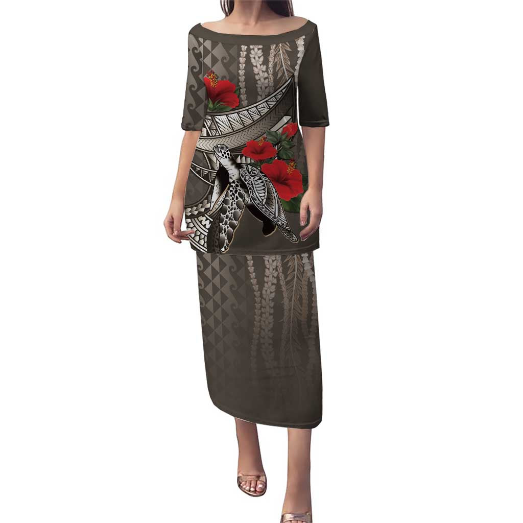 Hawaiian Honu Personalized Puletasi Mocha Mousse Hibiscus Tribal Hook Pattern LT9 Long Dress Mocha - Polynesian Pride