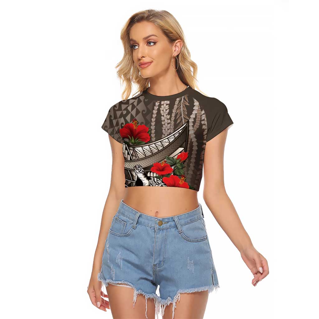 Hawaiian Honu Personalized Raglan Cropped T Shirt Mocha Mousse Hibiscus Tribal Hook Pattern LT9 Female Mocha - Polynesian Pride