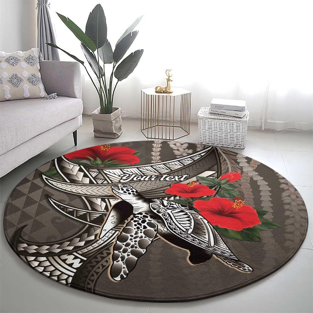 Hawaiian Honu Personalized Round Carpet Mocha Mousse Hibiscus Tribal Hook Pattern LT9 - Polynesian Pride