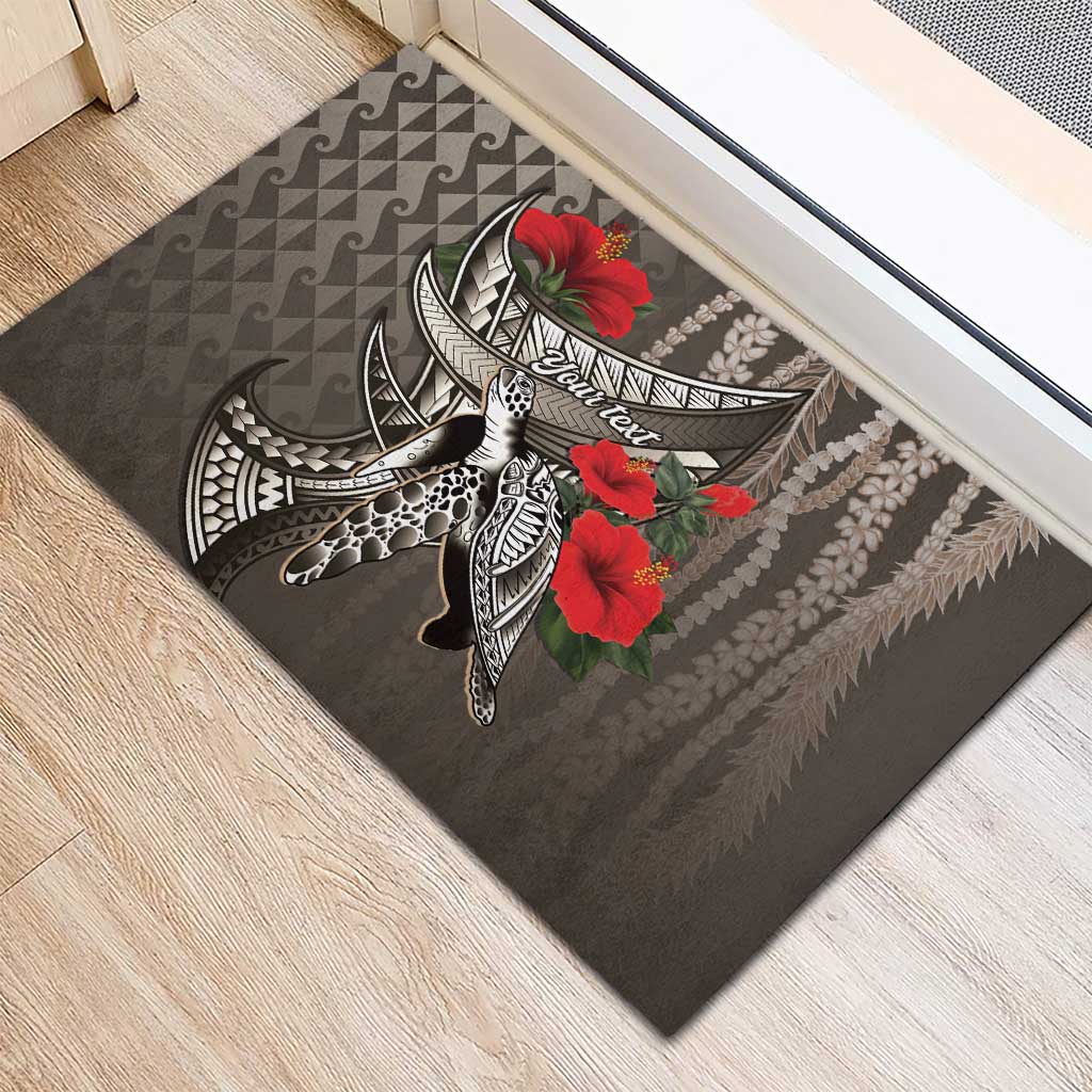 Hawaiian Honu Personalized Rubber Doormat Mocha Mousse Hibiscus Tribal Hook Pattern LT9 - Polynesian Pride
