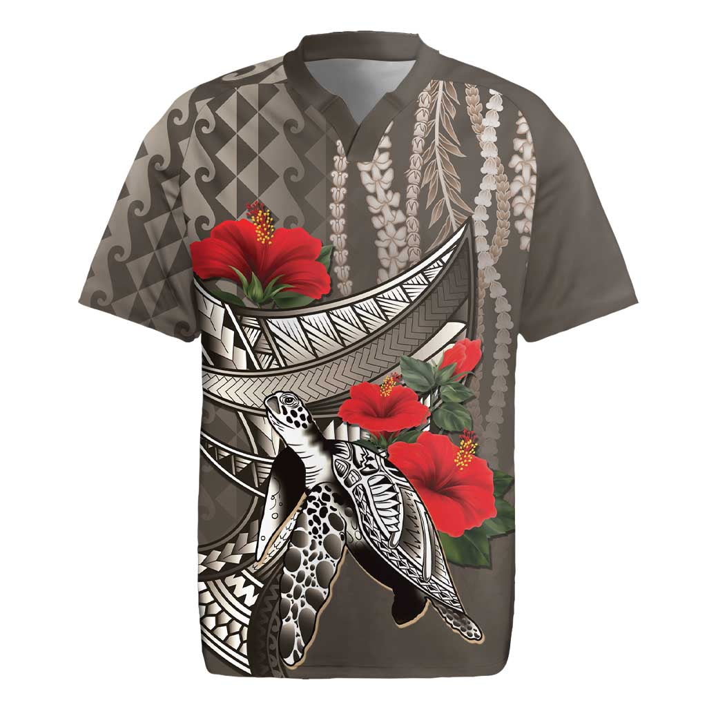 Hawaiian Honu Personalized Rugby Jersey Mocha Mousse Hibiscus Tribal Hook Pattern LT9 Mocha - Polynesian Pride