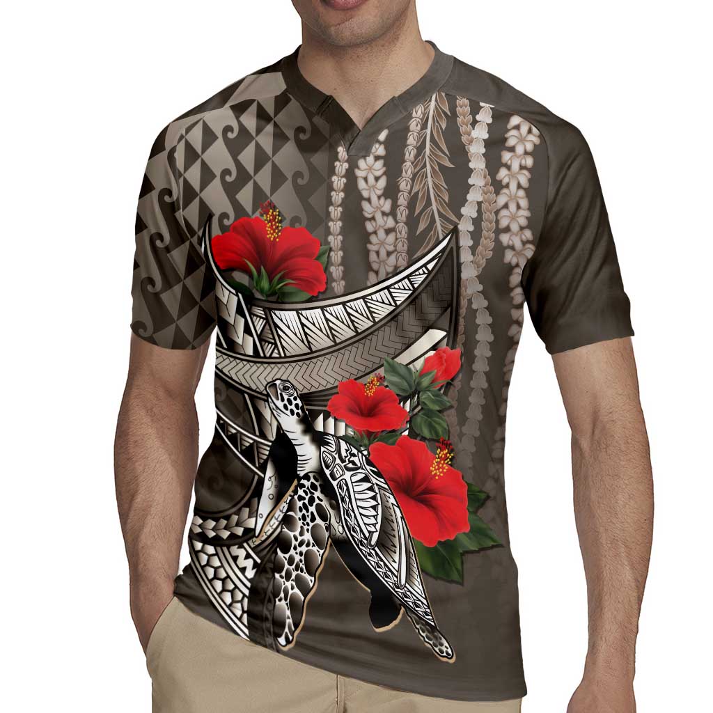 Hawaiian Honu Personalized Rugby Jersey Mocha Mousse Hibiscus Tribal Hook Pattern LT9 - Polynesian Pride