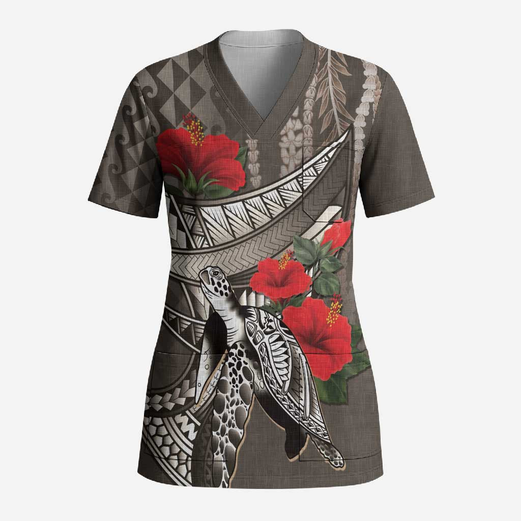Hawaiian Honu Personalized Scrub Top Mocha Mousse Hibiscus Tribal Hook Pattern LT9 Adult Mocha - Polynesian Pride