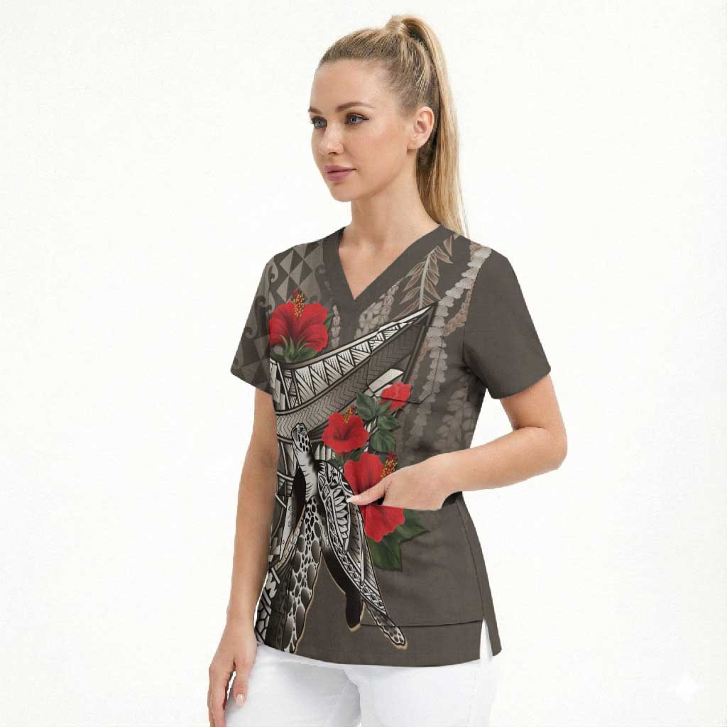 Hawaiian Honu Personalized Scrub Top Mocha Mousse Hibiscus Tribal Hook Pattern LT9 - Polynesian Pride
