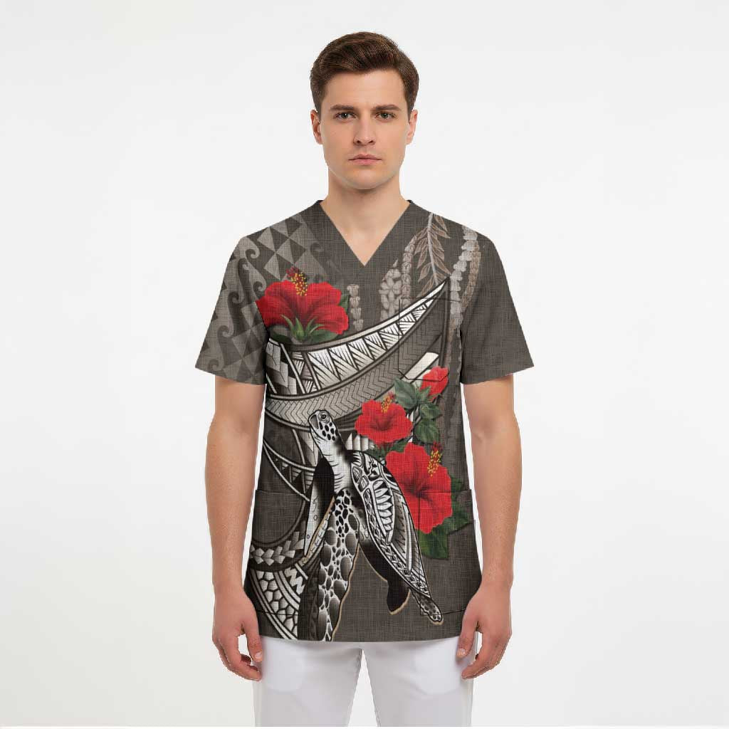 Hawaiian Honu Personalized Scrub Top Mocha Mousse Hibiscus Tribal Hook Pattern LT9 - Polynesian Pride