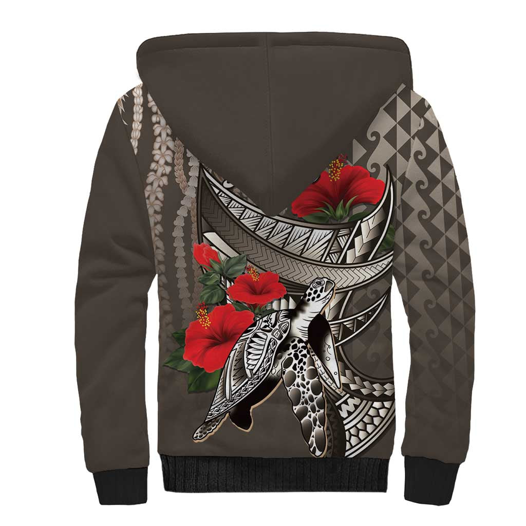 Hawaiian Honu Personalized Sherpa Hoodie Mocha Mousse Hibiscus Tribal Hook Pattern