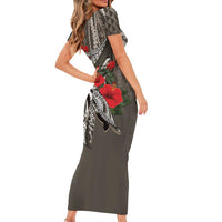 Hawaiian Honu Personalized Short Sleeve Bodycon Dress Mocha Mousse Hibiscus Tribal Hook Pattern LT9 - Polynesian Pride