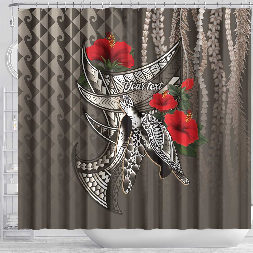 Hawaiian Honu Personalized Shower Curtain Mocha Mousse Hibiscus Tribal Hook Pattern LT9 - Polynesian Pride