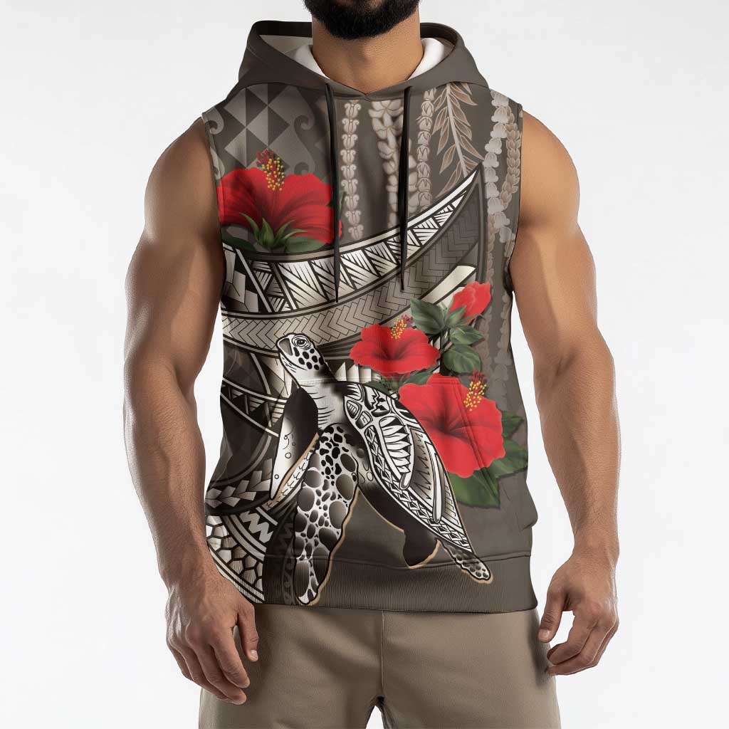 Hawaiian Honu Personalized Sleeveless Hoodie Mocha Mousse Hibiscus Tribal Hook Pattern