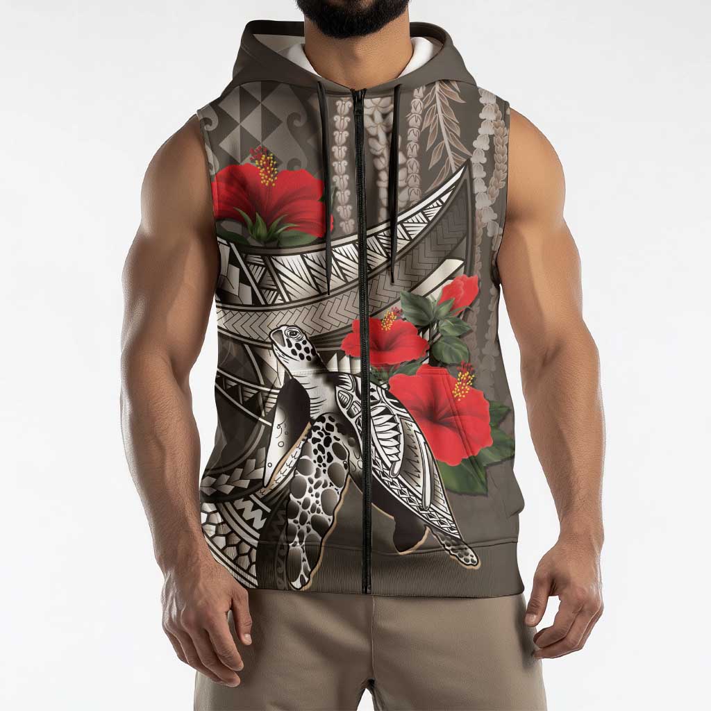 Hawaiian Honu Personalized Sleeveless Zip Hoodie Mocha Mousse Hibiscus Tribal Hook Pattern LT9 - Polynesian Pride