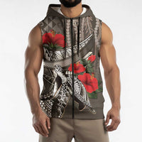 Hawaiian Honu Personalized Sleeveless Zip Hoodie Mocha Mousse Hibiscus Tribal Hook Pattern LT9 - Polynesian Pride