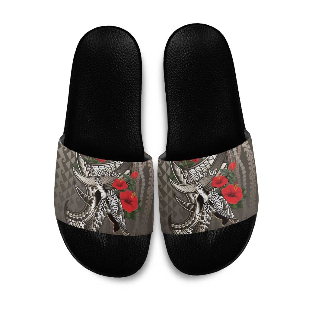 Hawaiian Honu Personalized Slide Sandals Mocha Mousse Hibiscus Tribal Hook Pattern LT9 Mocha - Polynesian Pride