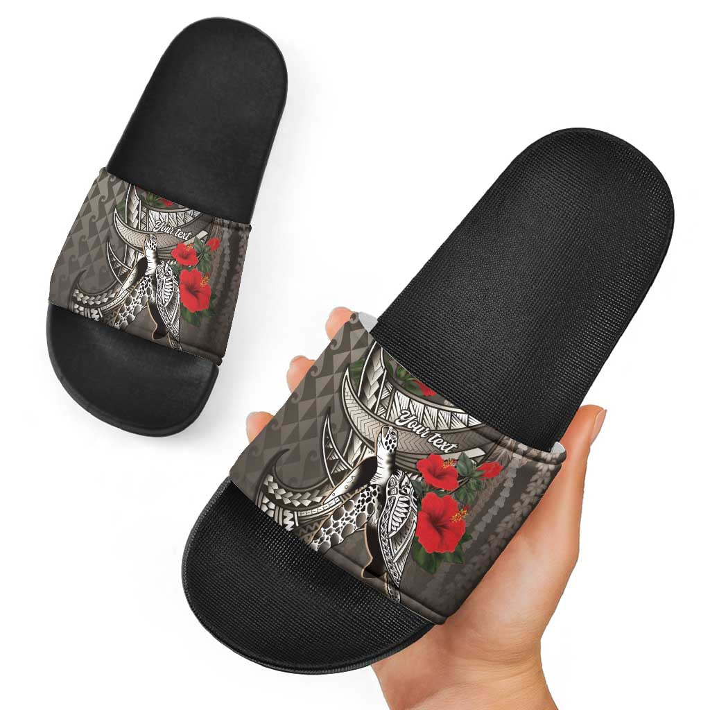 Hawaiian Honu Personalized Slide Sandals Mocha Mousse Hibiscus Tribal Hook Pattern LT9 - Polynesian Pride