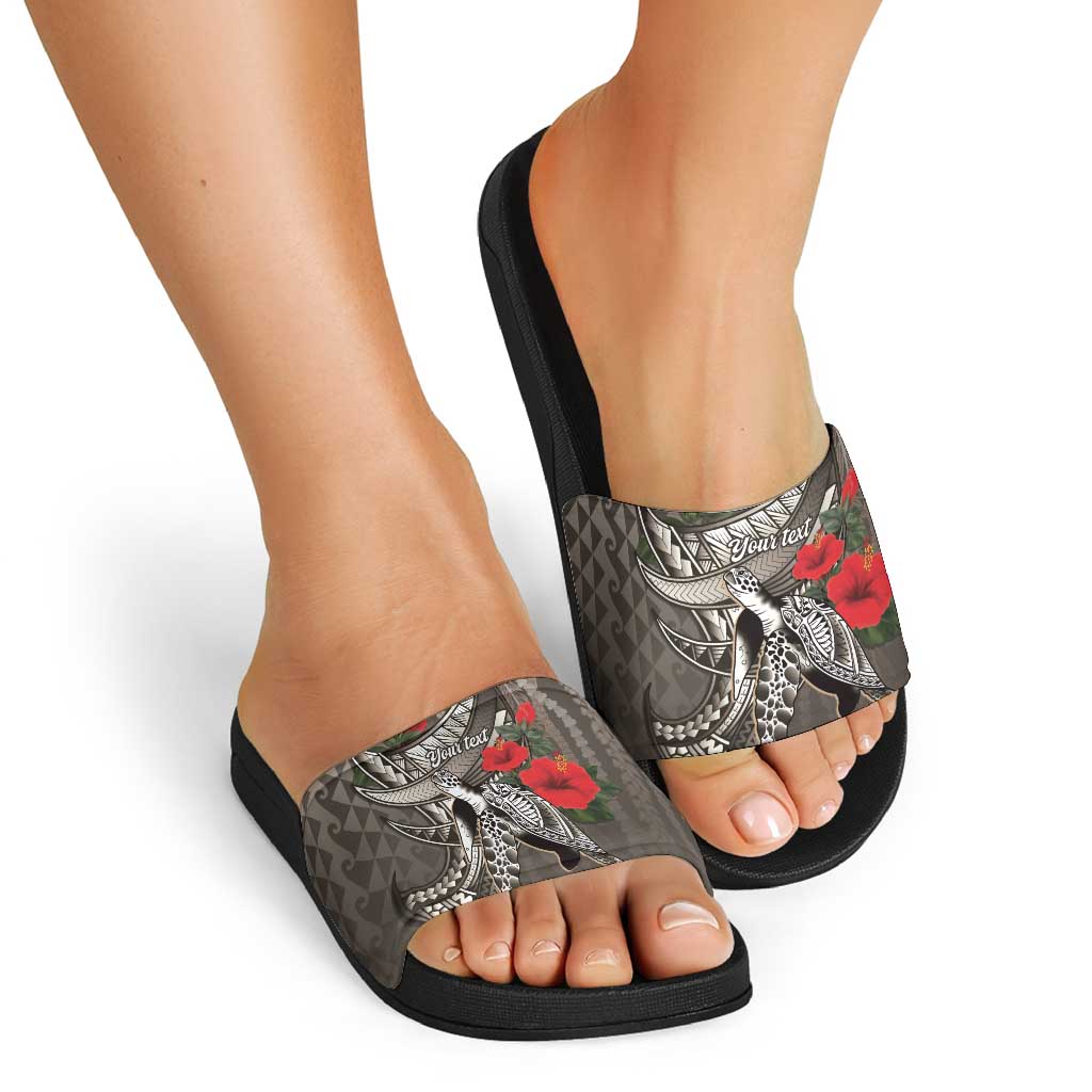 Hawaiian Honu Personalized Slide Sandals Mocha Mousse Hibiscus Tribal Hook Pattern LT9 - Polynesian Pride