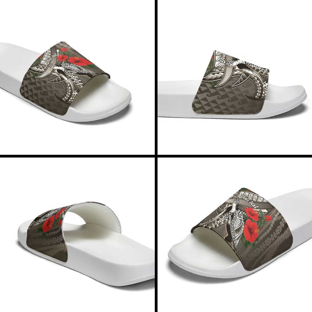 Hawaiian Honu Personalized Slide Sandals Mocha Mousse Hibiscus Tribal Hook Pattern LT9 - Polynesian Pride