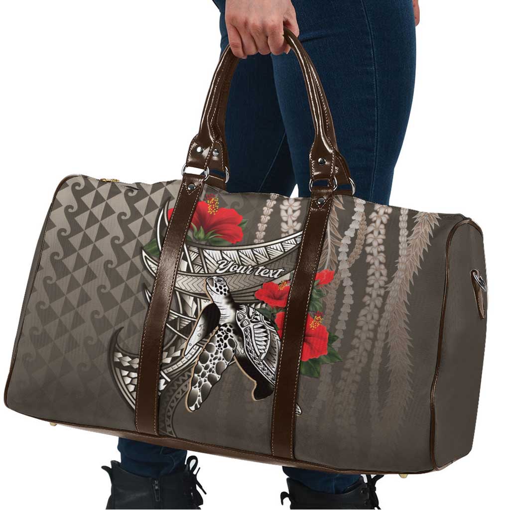 Hawaiian Honu Personalized Travel Bag Mocha Mousse Hibiscus Tribal Hook Pattern LT9 - Polynesian Pride